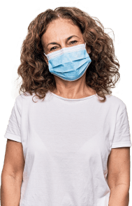 Woman with curly brown hair wearing face mask