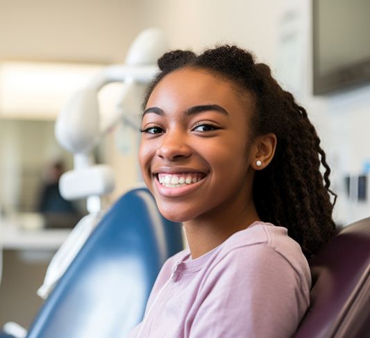 Young woman smiling while sitting in dental chair