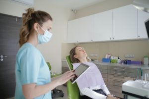 Woman at a dental checkup in North Raleigh. 
