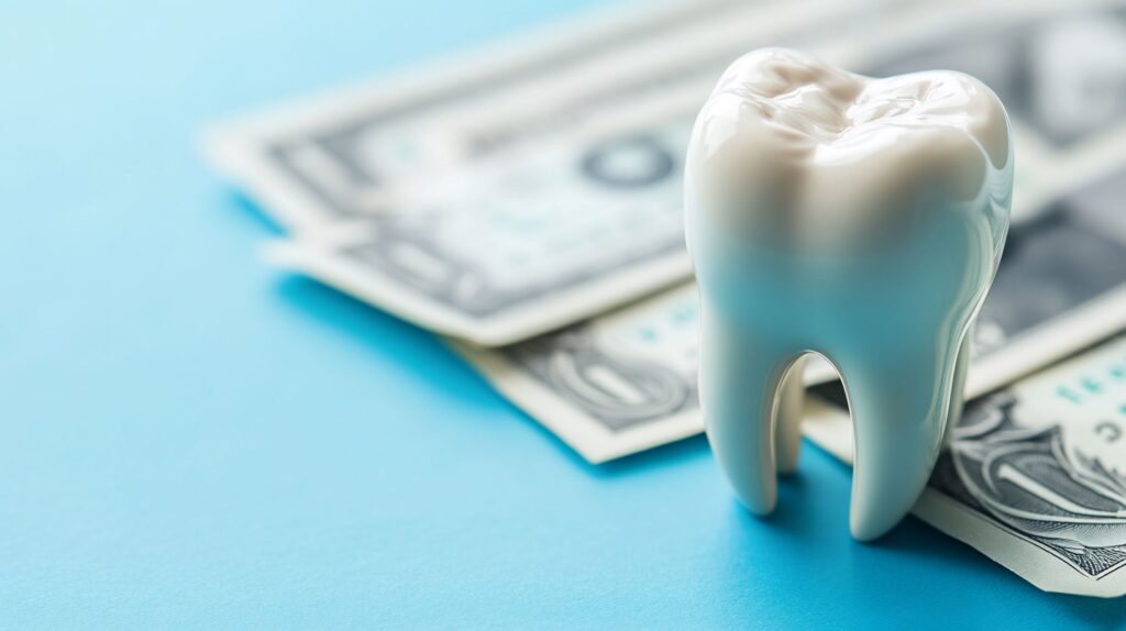 Large model tooth next to several dollar bills on blue surface