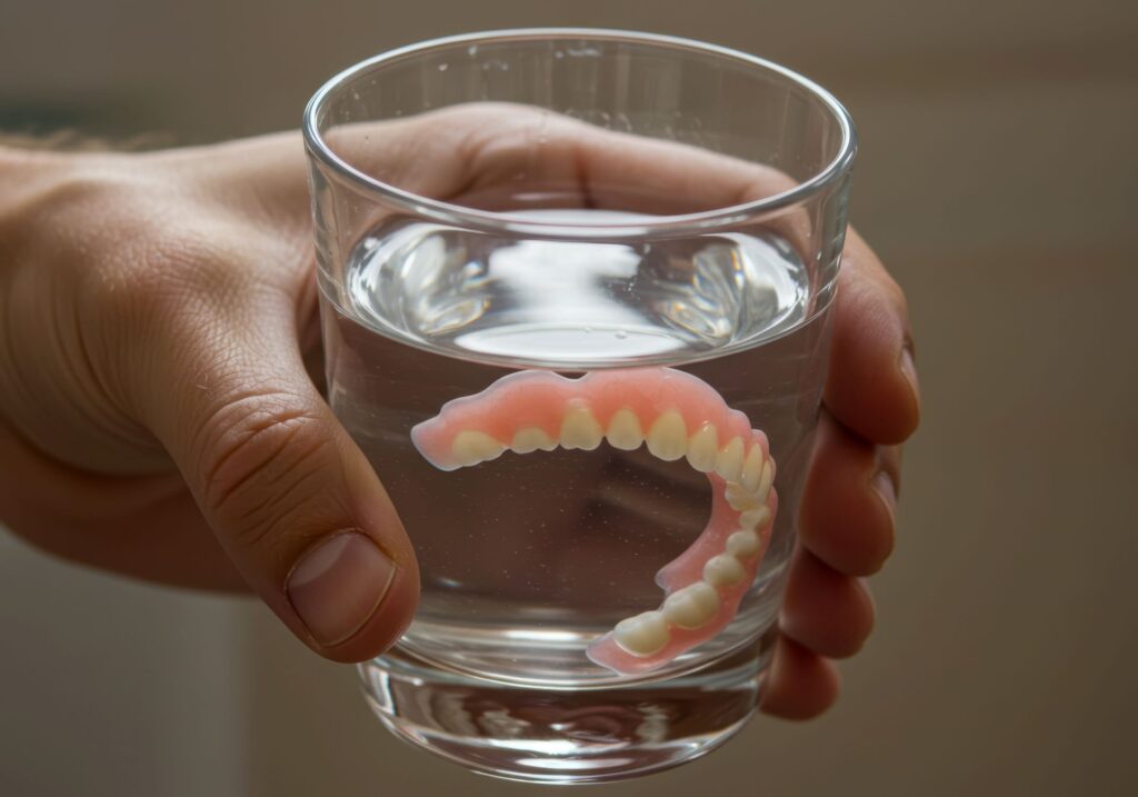 Hand holding glass of water containing dentures